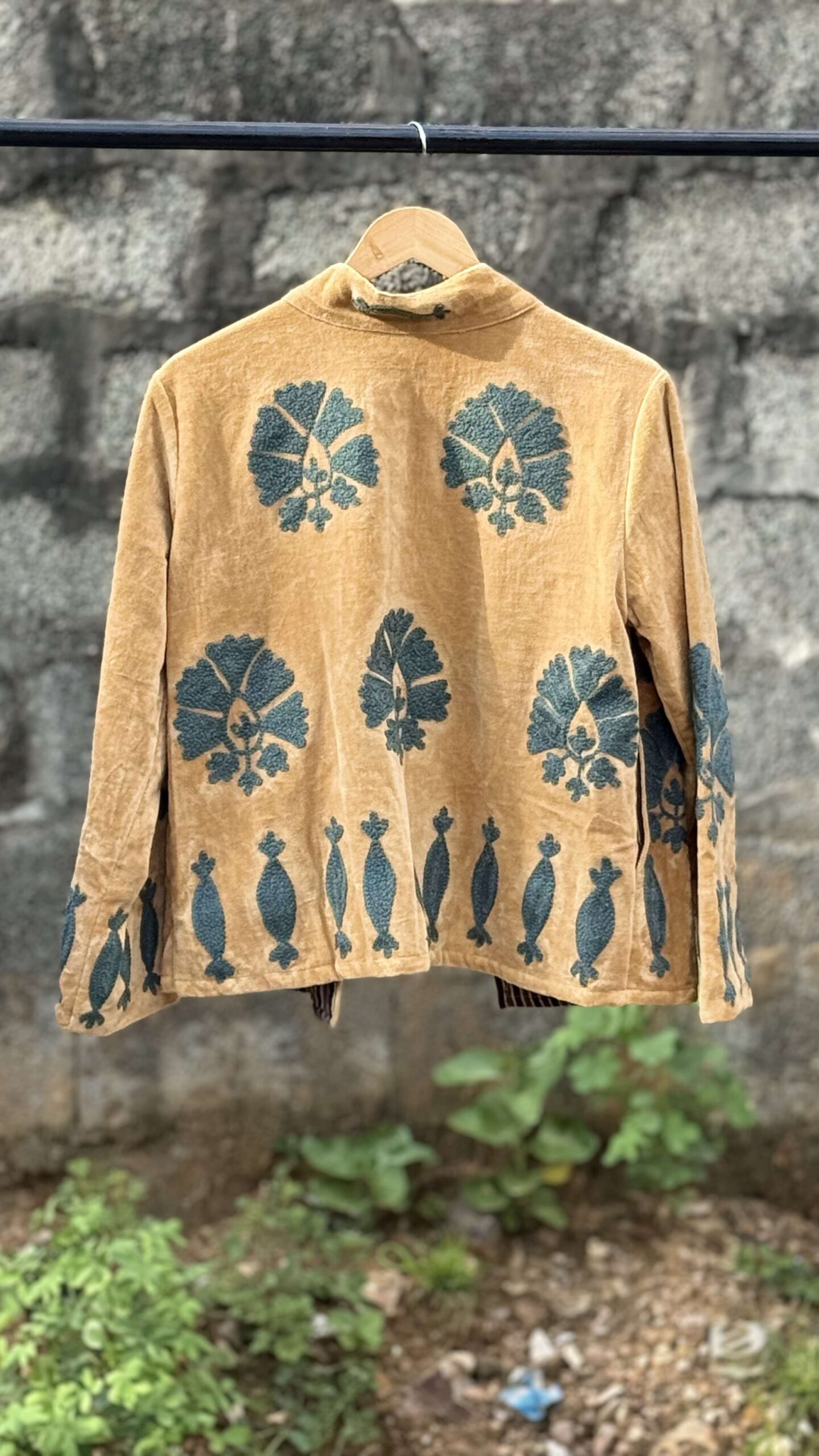 Womens Orange Velvet Embroidered Jacket with Floral Design - Image 3