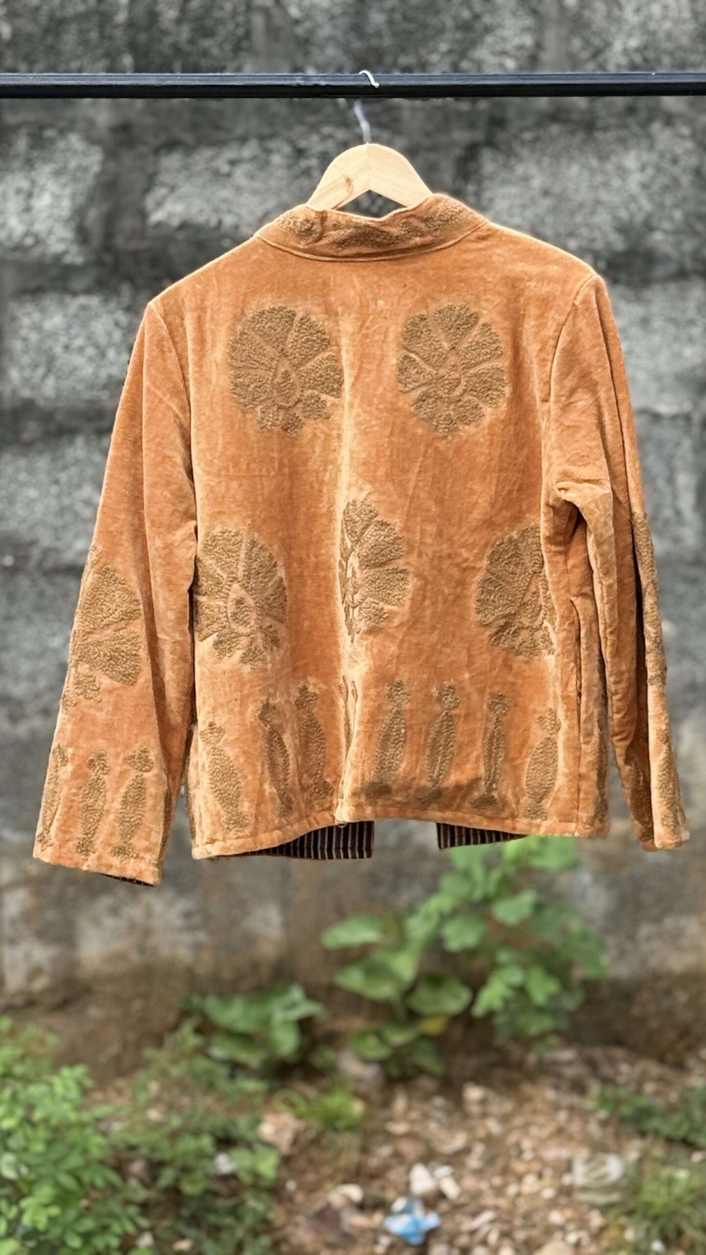 Womens Gold Velvet Embroidered Jacket with Floral Design - Image 4
