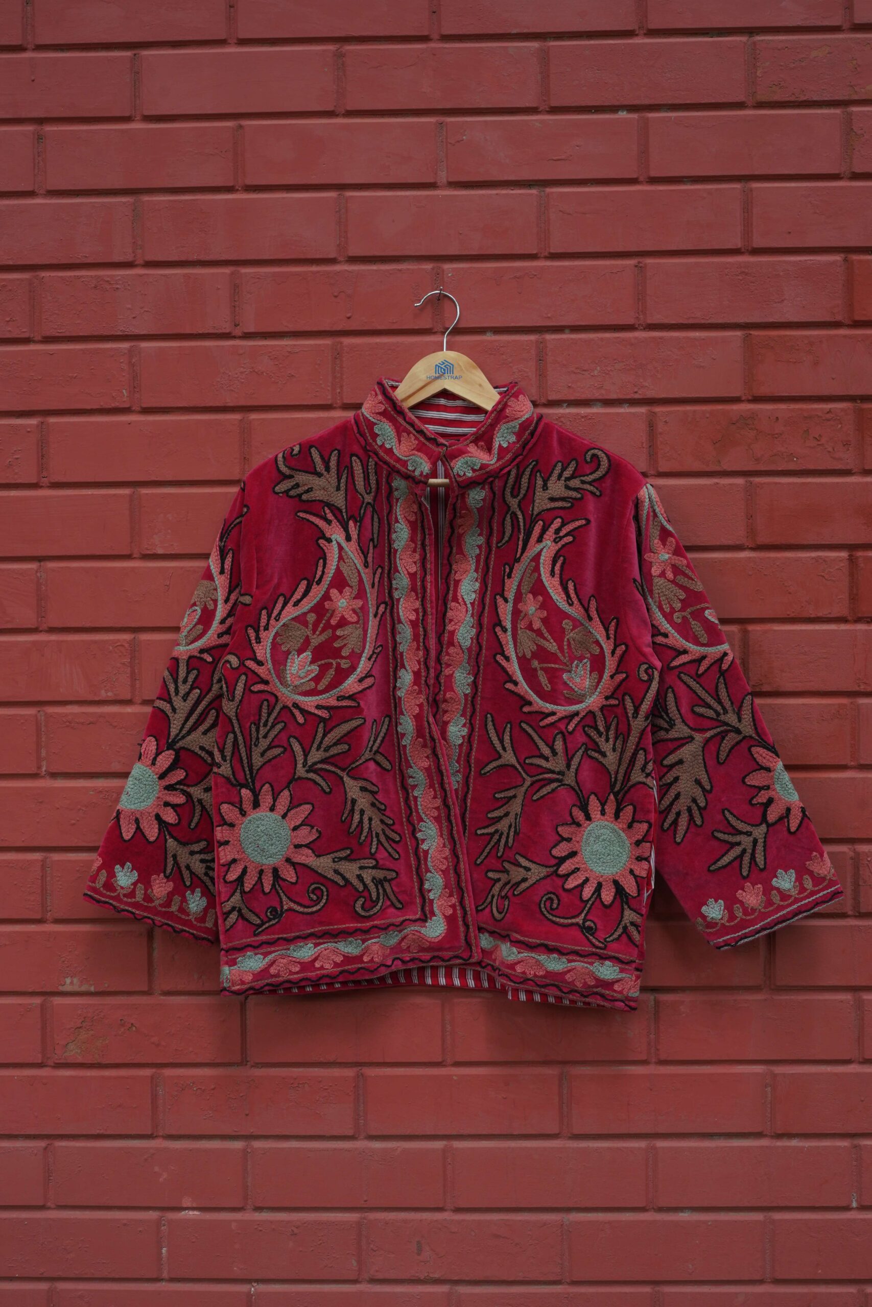 Womens Red Velvet Embroidered Jacket with Floral Design